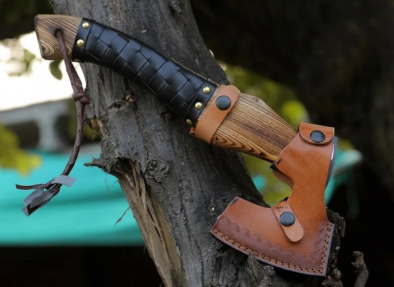 FH TRADERS Viking Axe Ashwood Handle Handmade Carbon Steel Blade, Outdoor Camping Hunting, Norse Hatchets Axes, with Black Leather Wrapped Handle & Leather Sheath Wood Splitting Axes - Image 4
